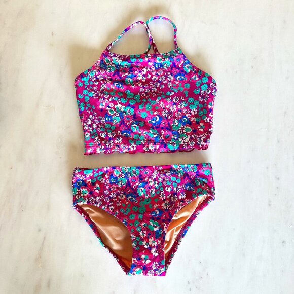 Crewcuts Girls Size 4-5 Bright Pink Floral Tankini 2 Piece Swimsuit NWT Summer
